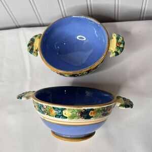 2 MCM Vintage Italian Della Robia Italy Fruit Berries Bowl W Handle Blue Motif